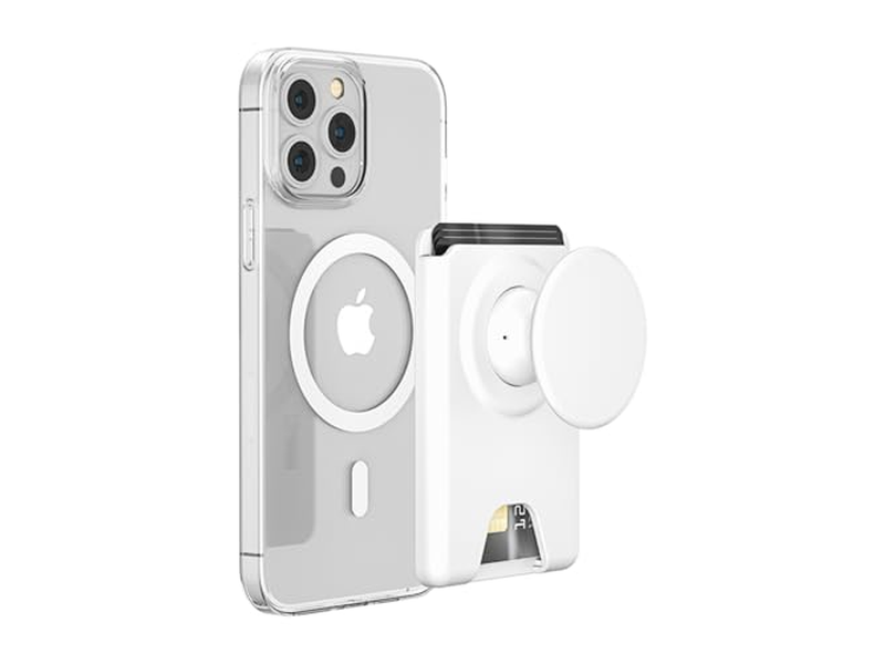 Supporto magnetico per portafoglio con presa per telefono, espandibile e pieghevole, bianco