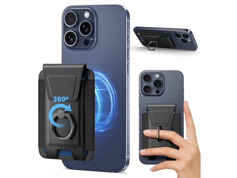 Portafoglio magnetico con anello regolabile a 360 gradi e patta di blocco RFID